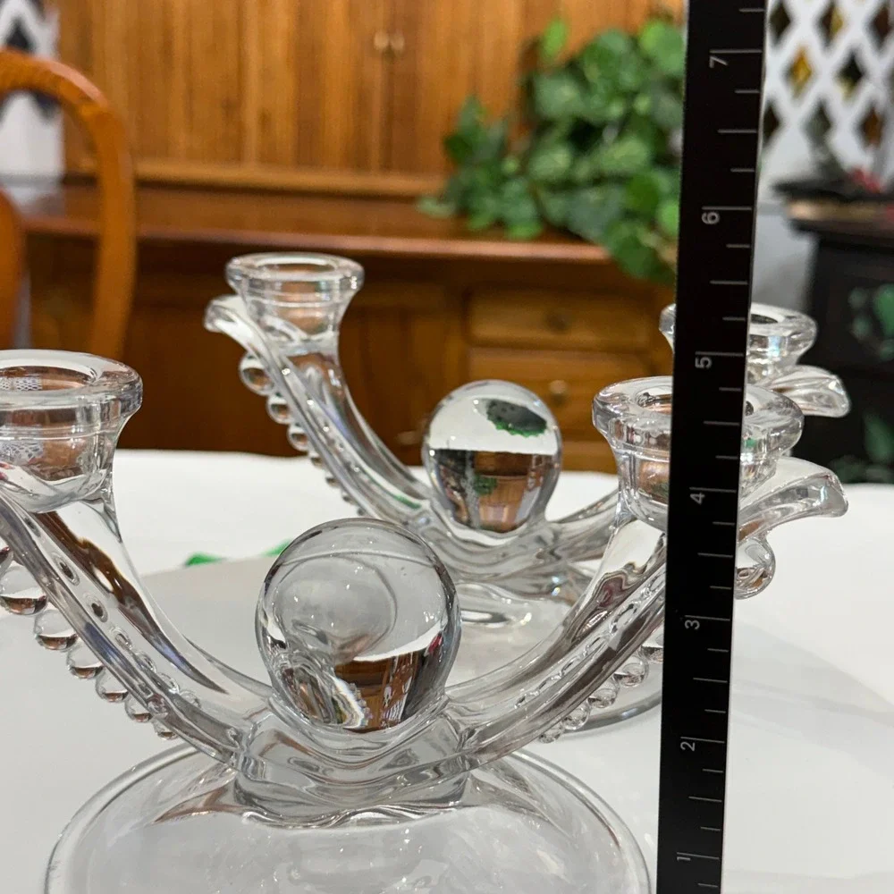 Glass Double Arm Candelabra Set 2 Clear Excellent Beaded Ball Center